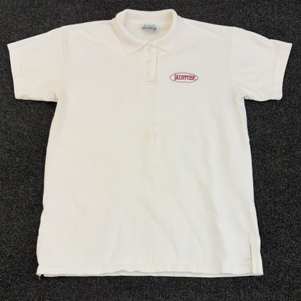 Body Flex Polo Shirt Mens One Size White Jazzercise Logo Short Sleeve Knit